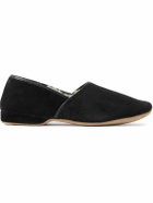 Derek Rose - Crawford Leather-Trimmed Shearling-Lined Suede Slippers - Black