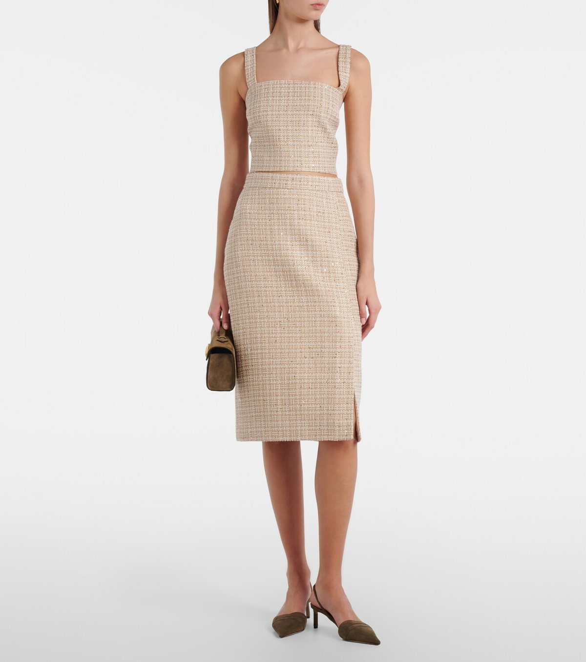 Elie Saab Checked sequined tweed midi skirt