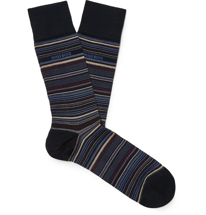Photo: Hugo Boss - Striped Mercerised Stretch Cotton-Blend Socks - Navy