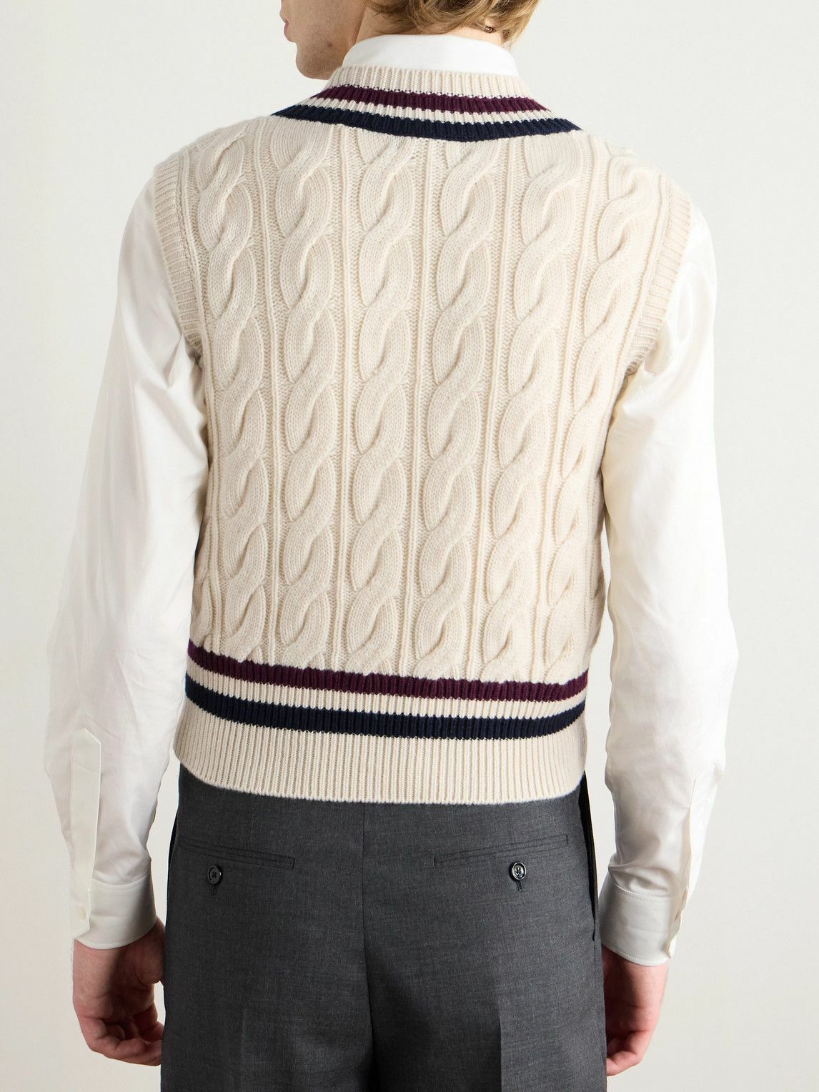 CELINE - Logo-Appliquéd Cable-Knit Striped Cashmere Sweater Vest - Neutrals