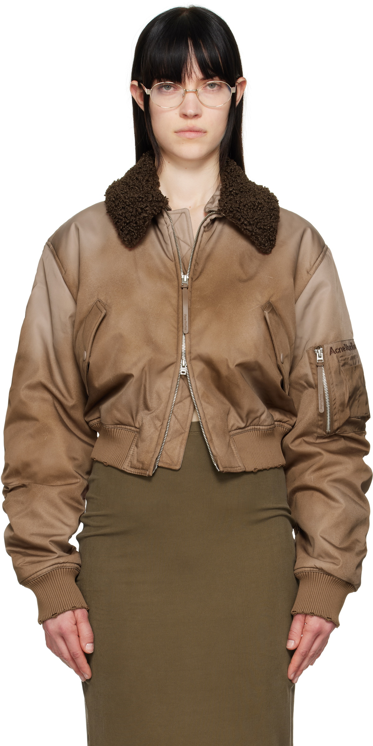 Acne Studios Beige Furry Collar Bomber Jacket Acne Studios
