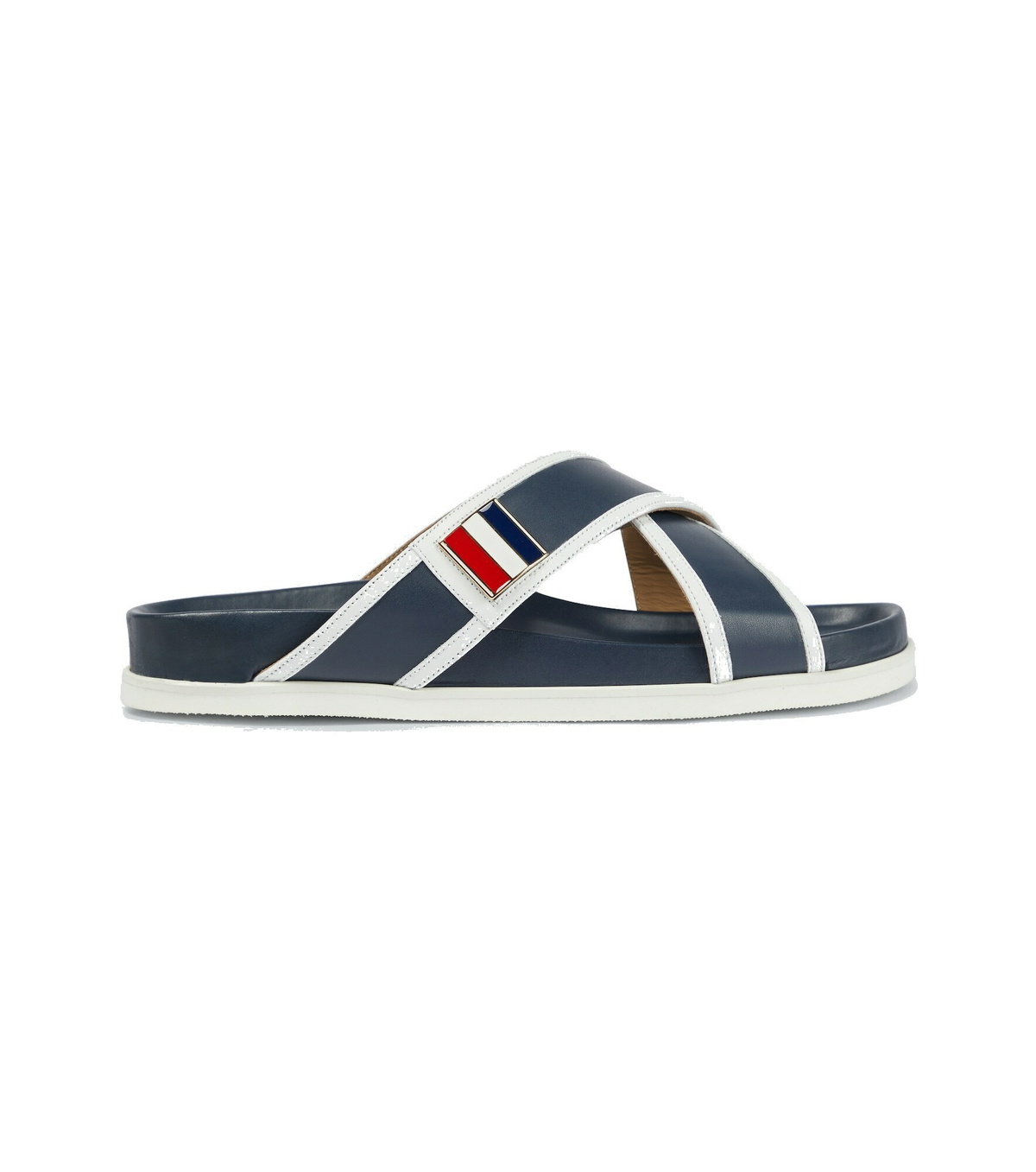 Thom Browne Black Leather Crisscross Slides with Tricolor Accents. THOM BROWNE Criss Cross Luxury Leather Designer Sandal  main image 2