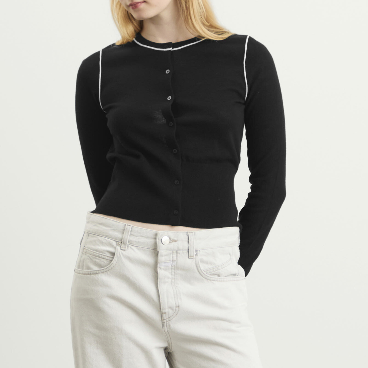ST. Agni Women's Wool Fine Line Cardigan in Black/Off White