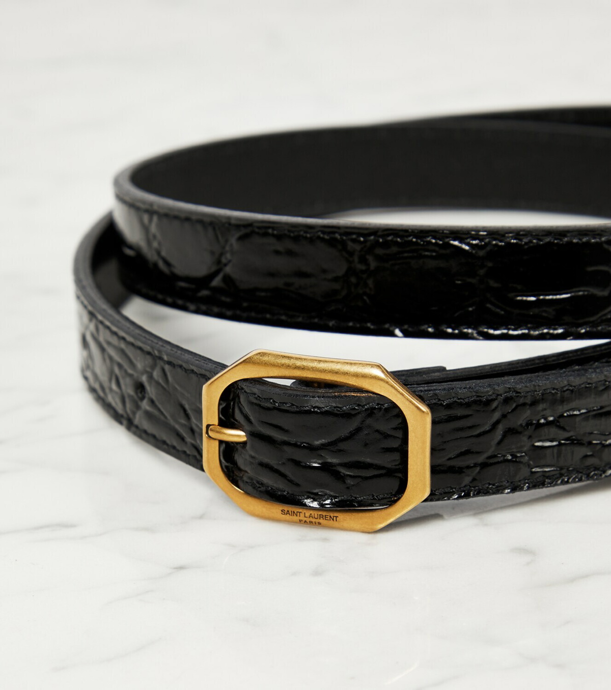 Saint Laurent Monogram Croc-effect Leather Belt In Black
