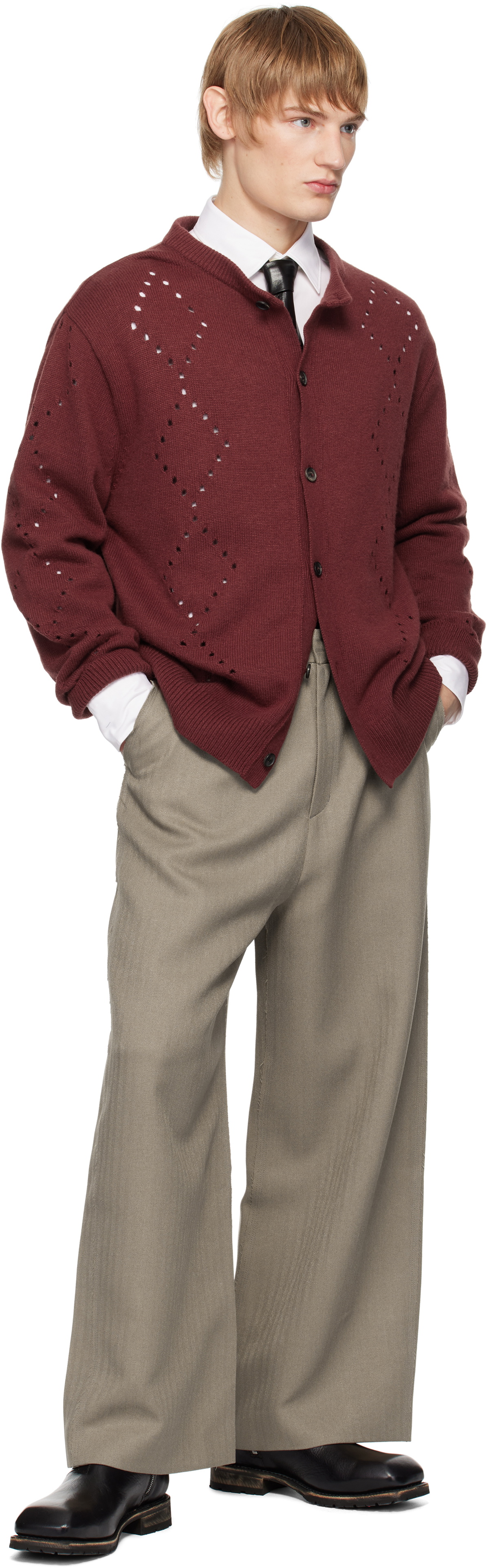 Youth Burgundy Argyle Punching Knit Cardigan