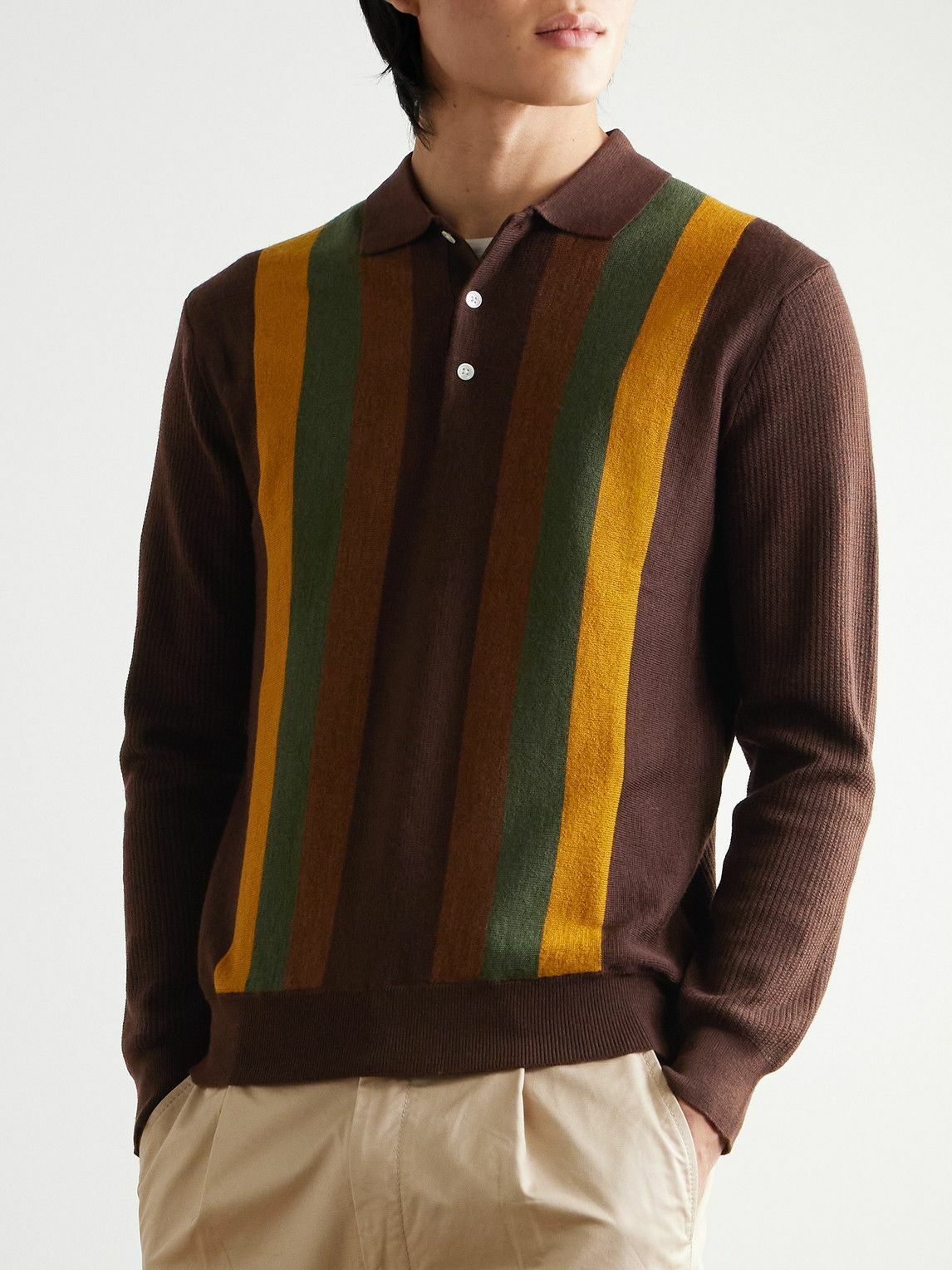 トップス Beams+ Wool Stripe Polo Brown Beams Plus - Striped Wool Polo Shirt - Brown Beams Plus