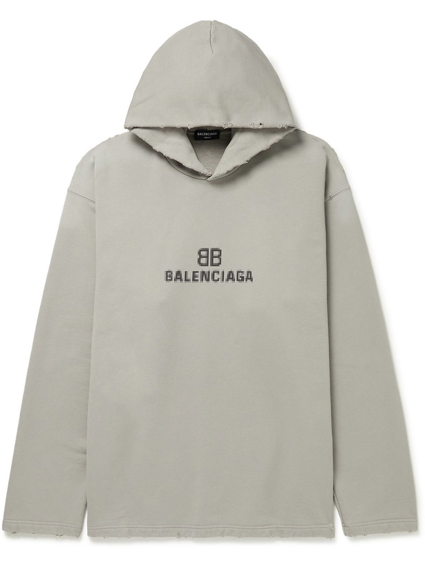 Photo: BALENCIAGA - Distressed Logo-Print Cotton-Jersey Hoodie - Gray