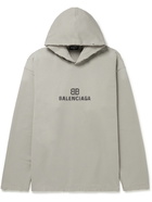 BALENCIAGA - Distressed Logo-Print Cotton-Jersey Hoodie - Gray