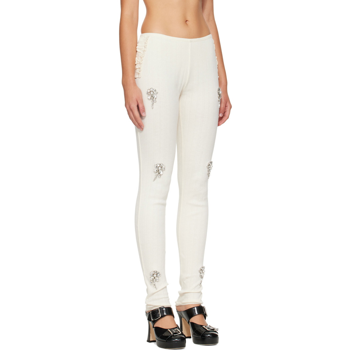 Simone Rocha Off-White Embellished Pointelle Ruffle Frill Leggings