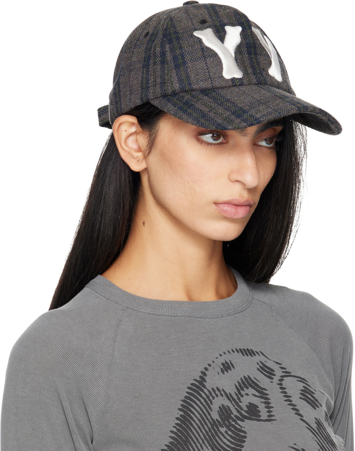 OPEN YY Brown 'Yy' Checkered Heart Bone Ball Cap