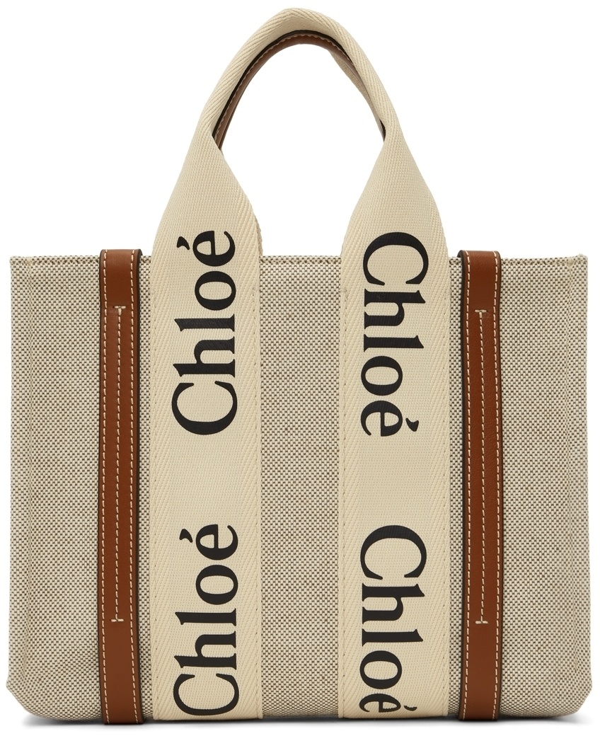 Chloé White & Brown Canvas Small Woody Tote Chloe