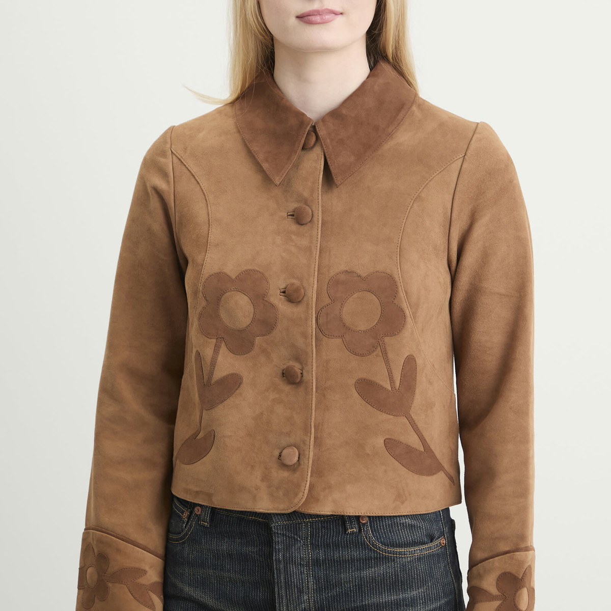 RIXO Women's Dionne Jacket in Retro Daisy Applique Tan