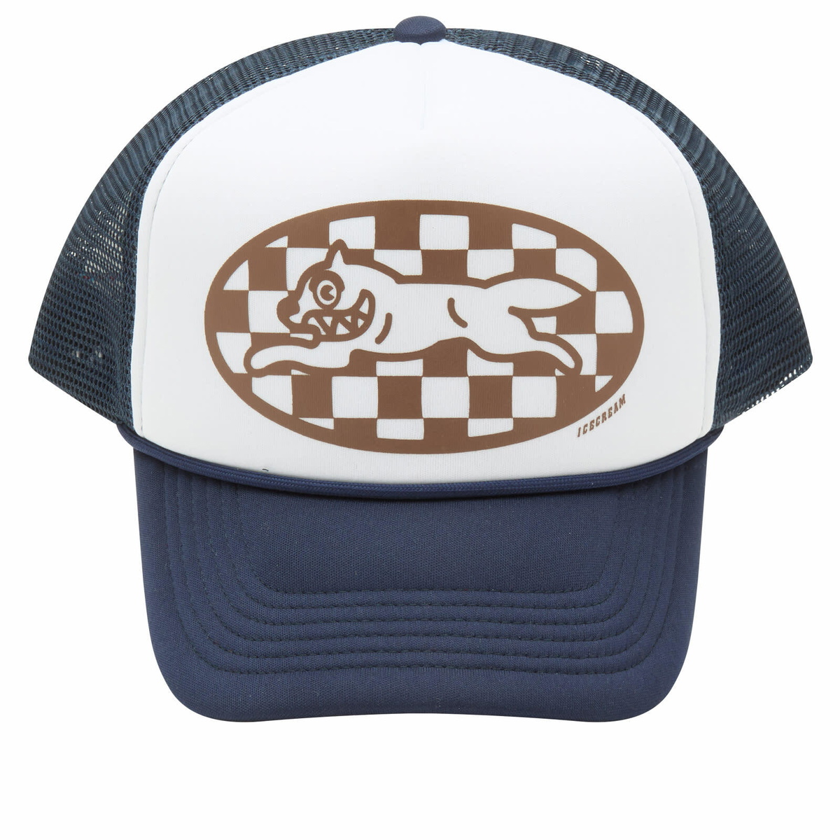 ICECREAM Men's Checker Running Dog Trucker Cap in Ecru/Navy 