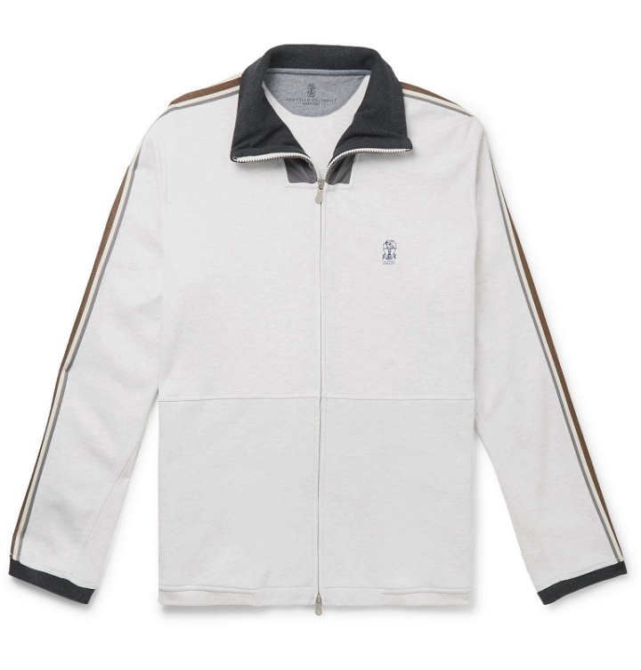 Photo: Brunello Cucinelli - Webbing and Shell-Trimmed Mélange Cotton-Blend Jersey Track Jacket - White