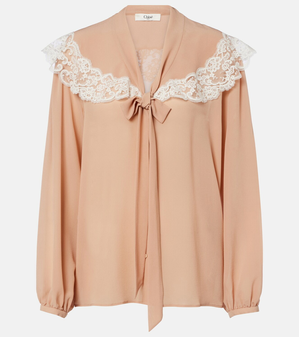 Chloé Lace-trimmed tie-neck silk blouse
