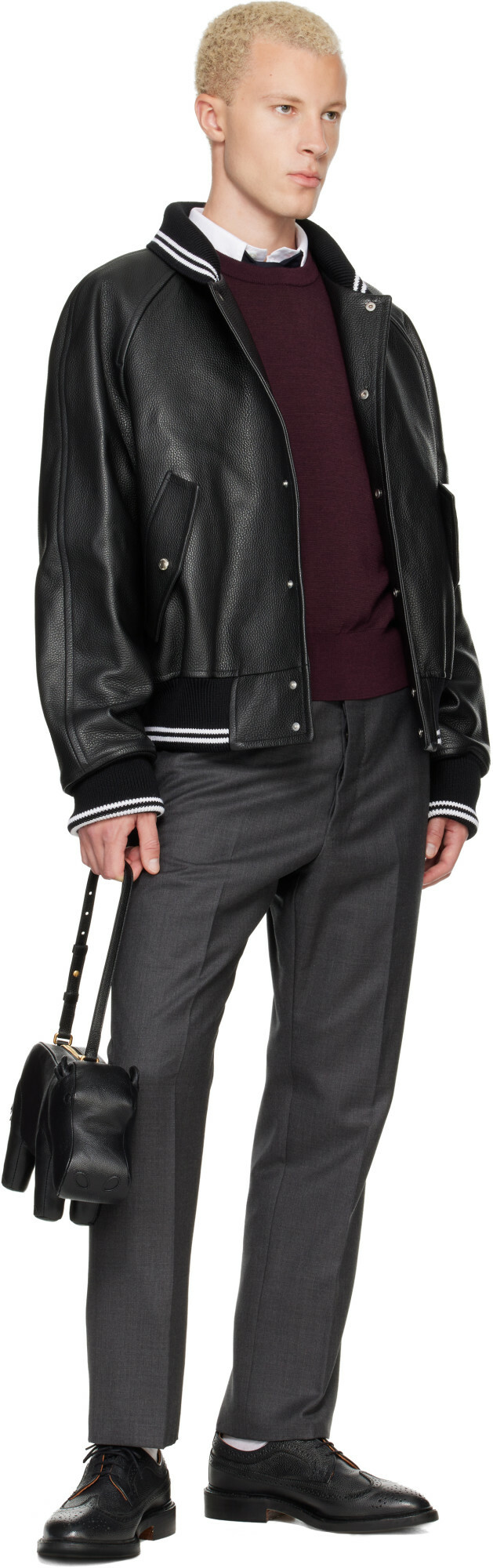 Thom Browne Black Raglan Sleeve Oversized Leather Blouson Jacket