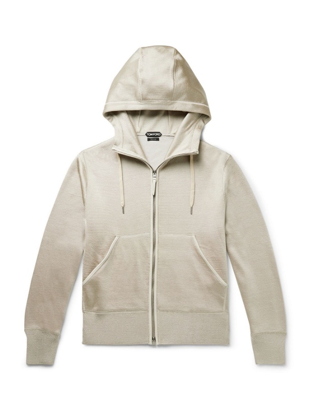 Photo: TOM FORD - Leather-Trimmed Knitted Zip-Up Hoodie - Gold