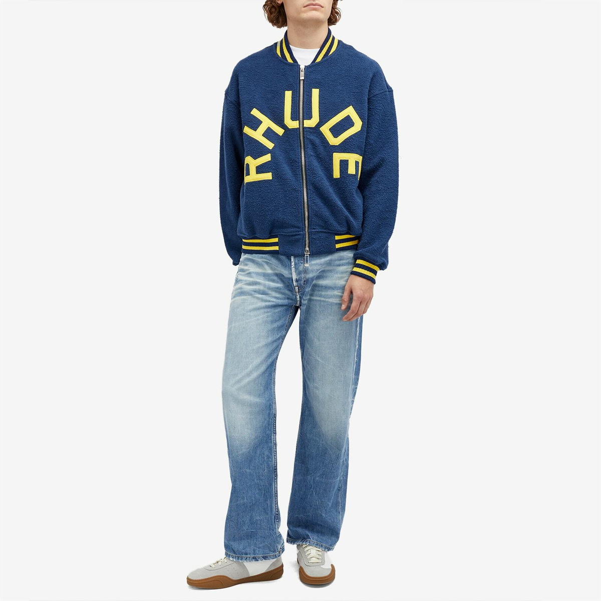 Rhude Men's Varsity Logo Bomber Jacket in Navy/Yellow