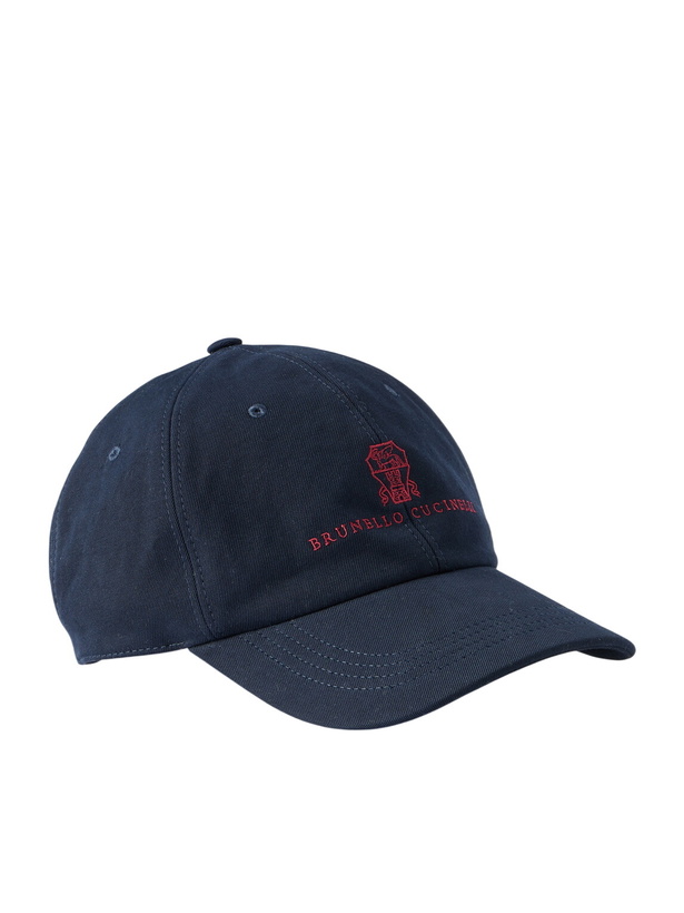 Photo: Brunello Cucinelli - Logo-Embroidered Leather-Trimmed Cotton-Twill Baseball Cap - Blue