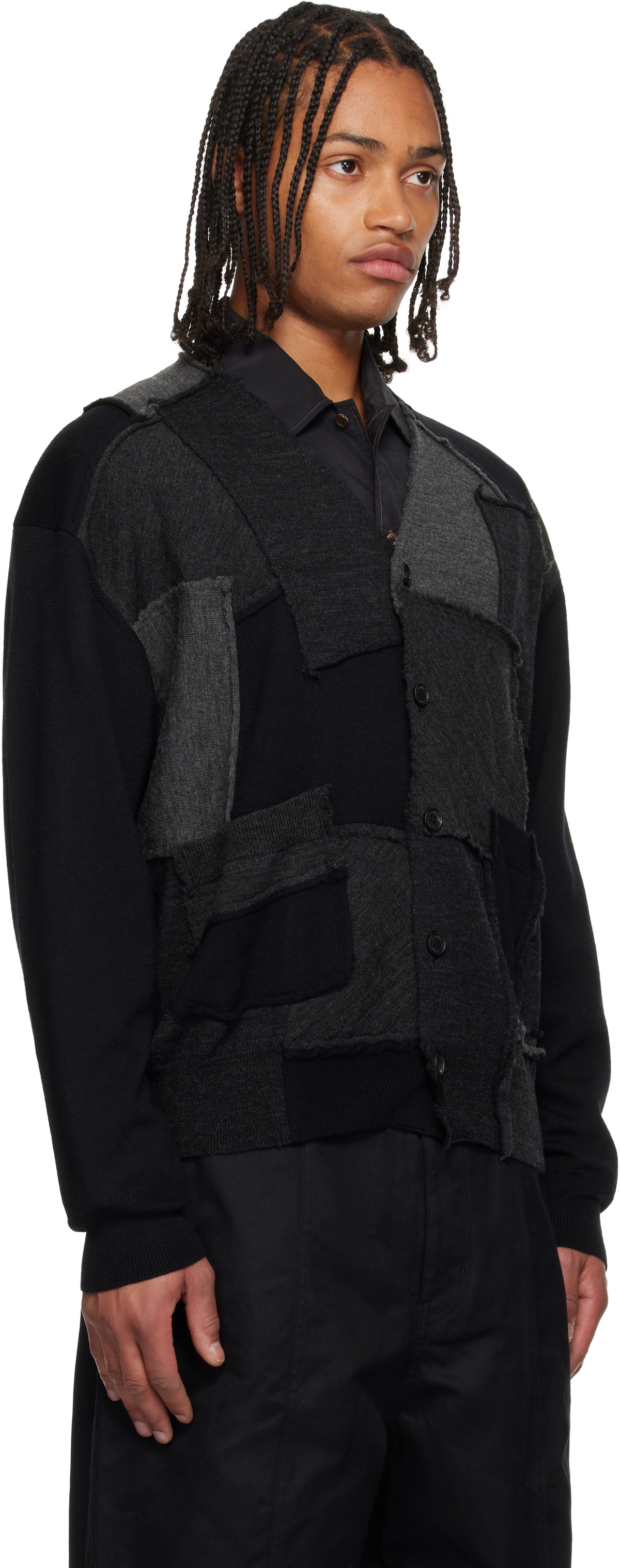 Comme des Garçons Homme Black Worsted Wool Jersey Patchwork Cardigan