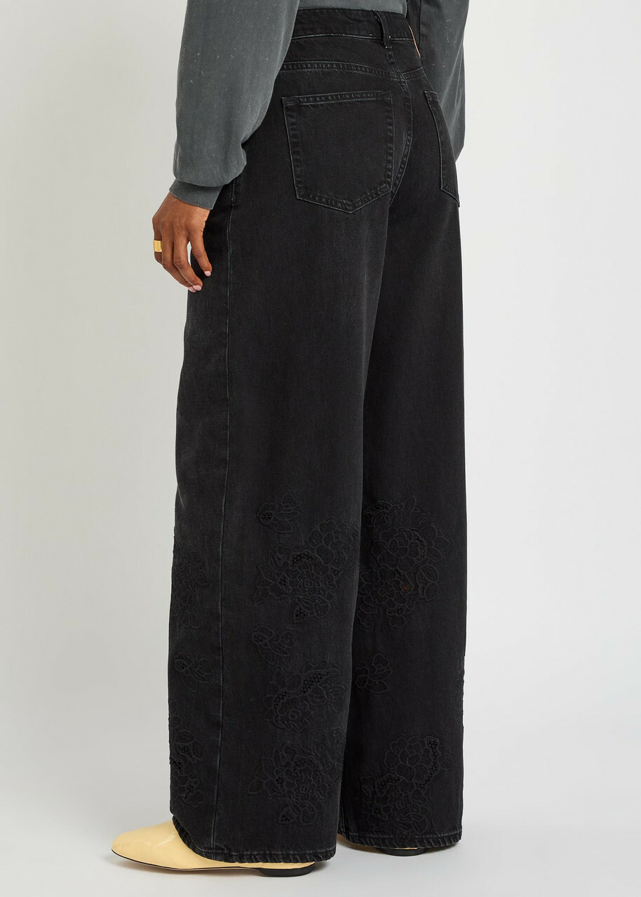 Ganni Lari Floral-embroidered Wide-leg Jeans Black