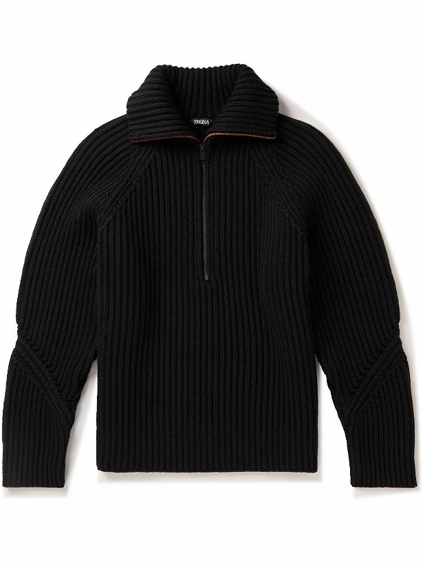Photo: Zegna - Ribbed Wool-Blend Half-Zip Sweater - Black