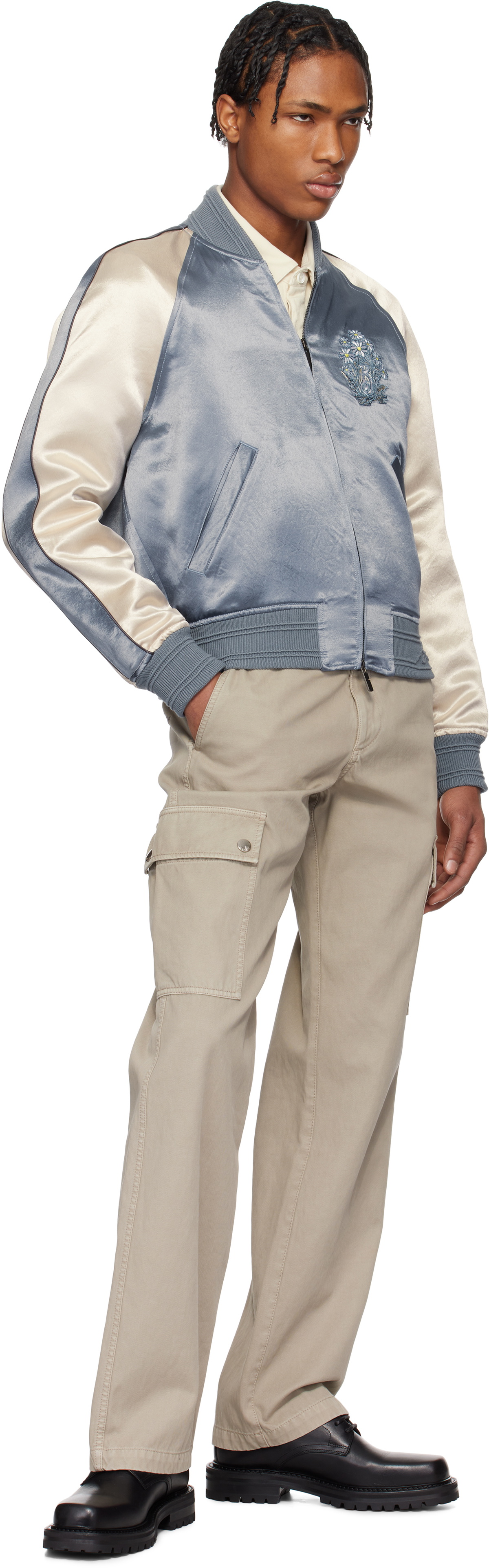 Burberry Blue & Off-White EKD Satin Bomber Jacket