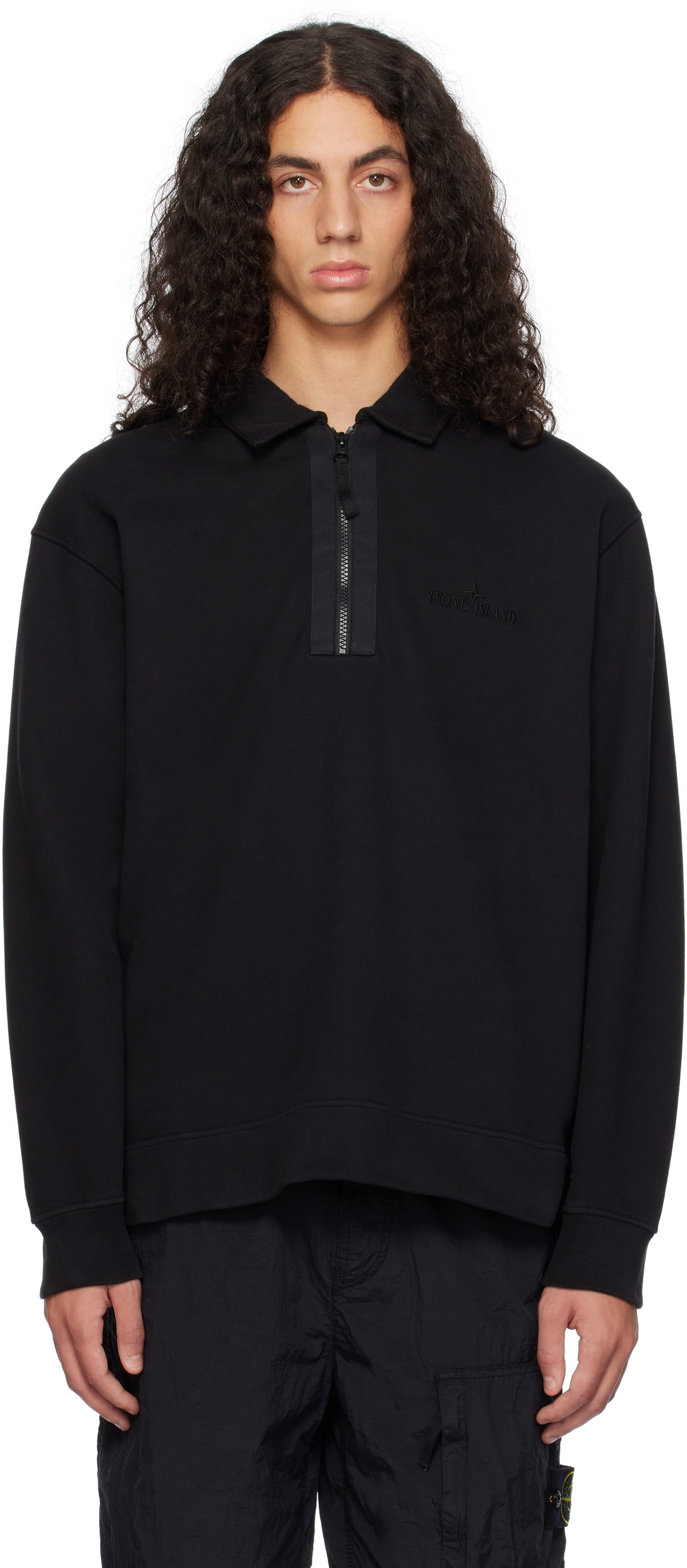 トップス 23ss stone  half zip knit polo Stone Island Black Half-Zip Polo Stone Island