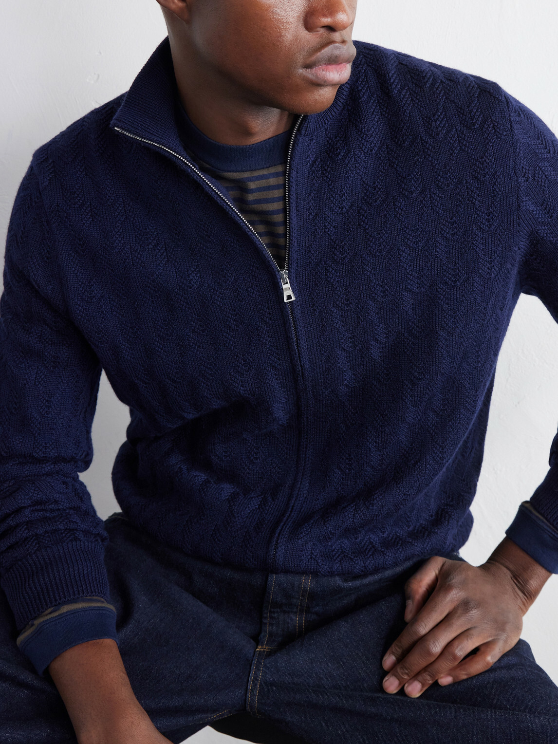 Mr P. - Pointelle-Knit Merino Wool Zip-Up Cardigan - Blue