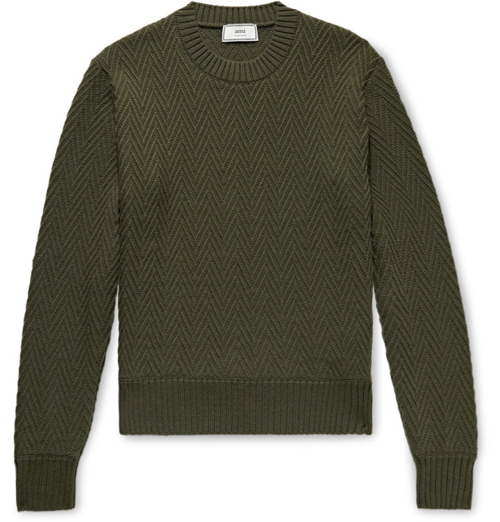 Photo: AMI - Slim-Fit Herringbone Wool Sweater - Green