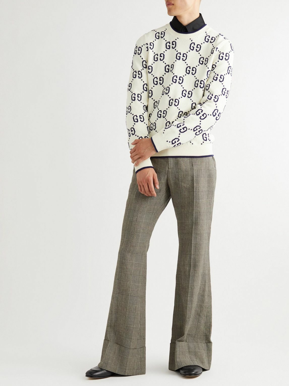 パンツ GUCCI PRINCE OF WALES WOOL LINEN BLEND PANTS GUCCI - Flared Prince of Wales Checked Wool and Linen-Blend