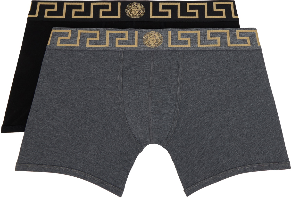 Versace Underwear Two-Pack Black & Gray Greca Border Long Boxer Briefs