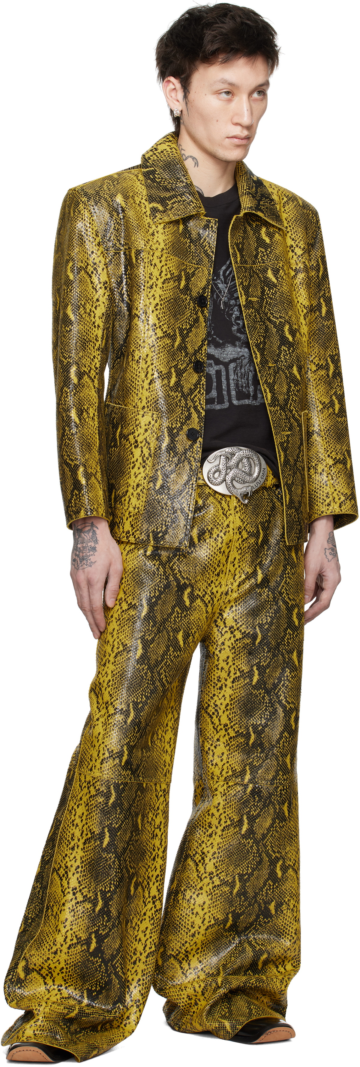 LU'U DAN Black & Yellow 'Year of the Snake' Creep Leather Jacket