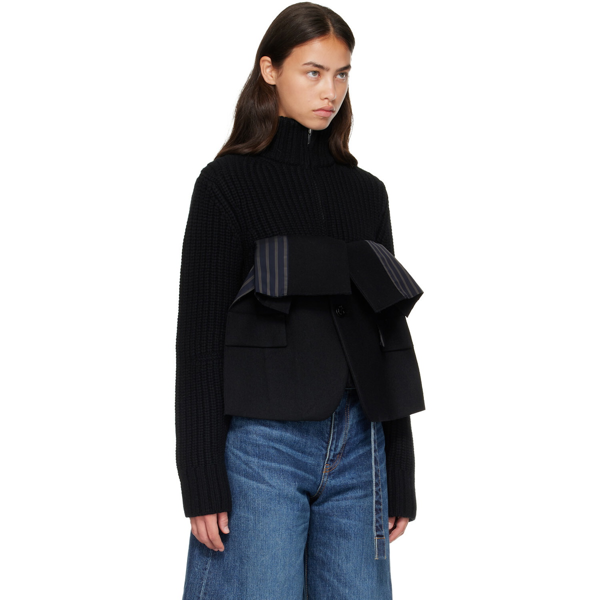 sacai Black Wool Melton x Wool Knit Blouson Jacket