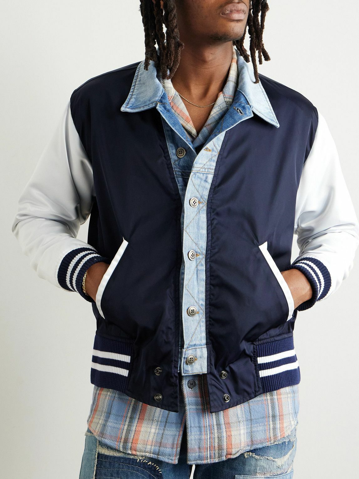 Greg Lauren - Slim-Fit Denim-Trimmed Satin Varsity Jacket - Blue