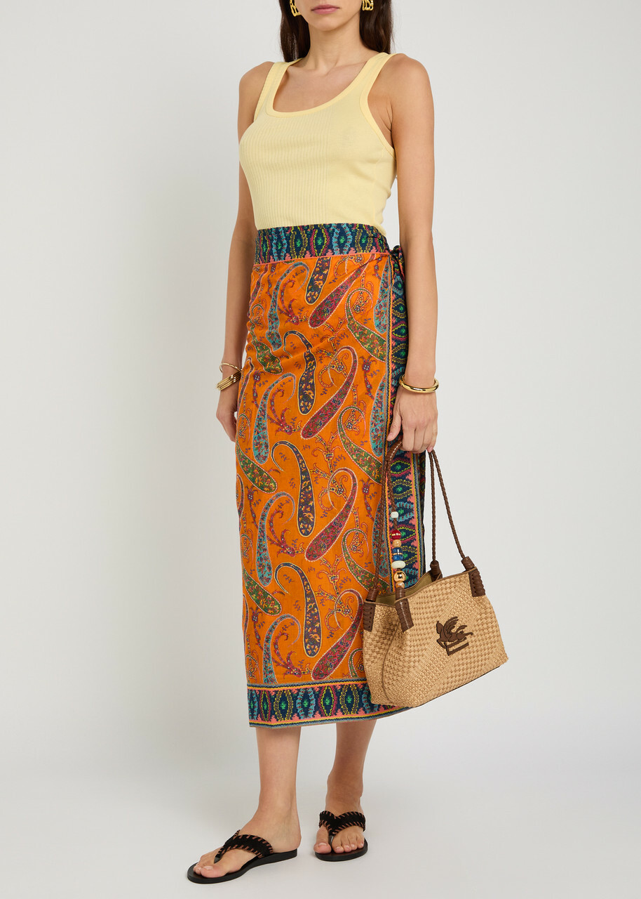 Etro Paisley-print Cotton Midi Wrap Sarong Skirt - Orange - One Size