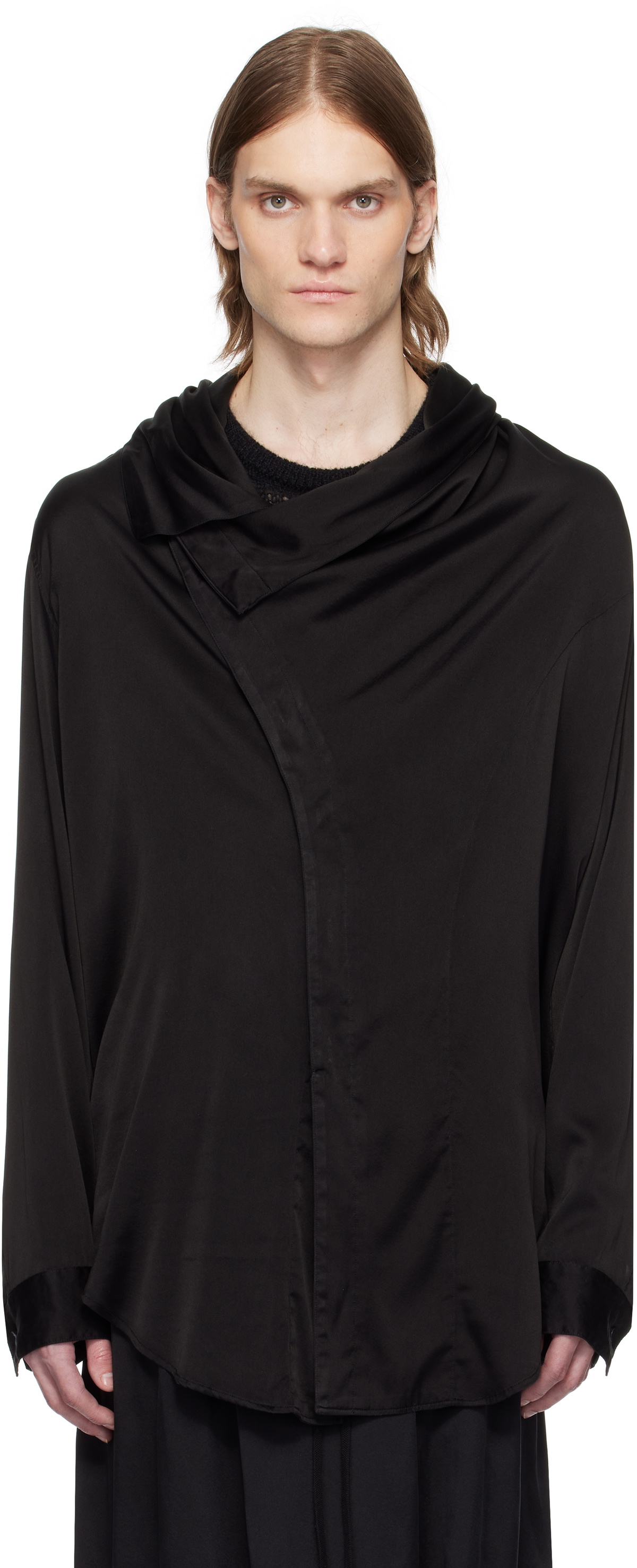 Julius Black Satin Wrap-Neck Shirt