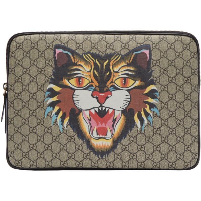 Gucci Beige GG Supreme Angry Cat Laptop Case Gucci