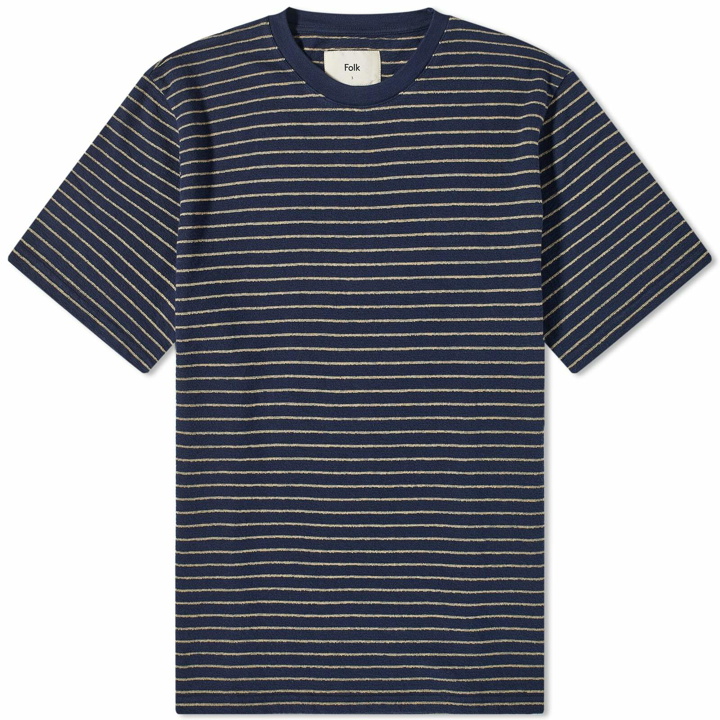 Photo: Folk Men's Textured Stripe T-Shirt in Navy Stripe