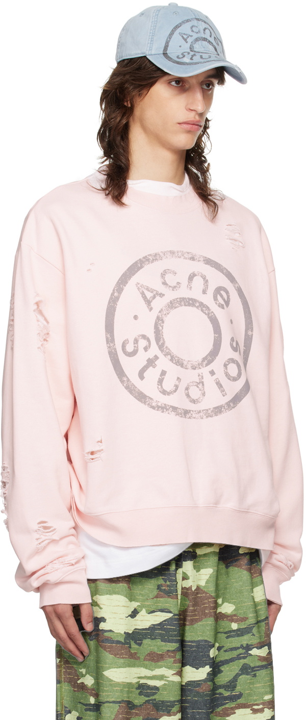 Acne Studios Pink Logo Print Distressed Sweatshirt