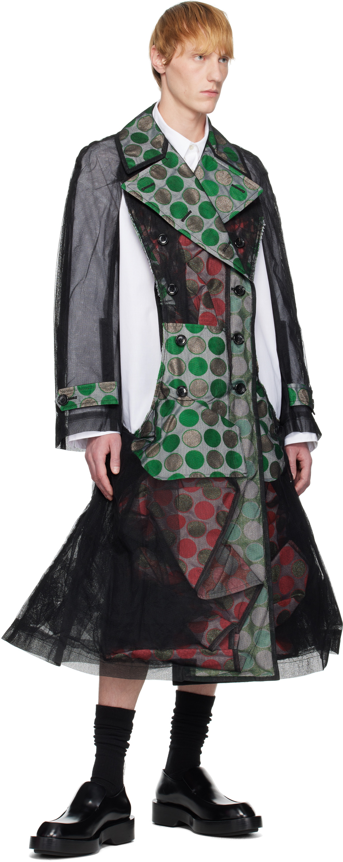 Comme des Garçons Homme Plus Black & Green Tulle & Jacquard Lame Polka Dots Trench Coat