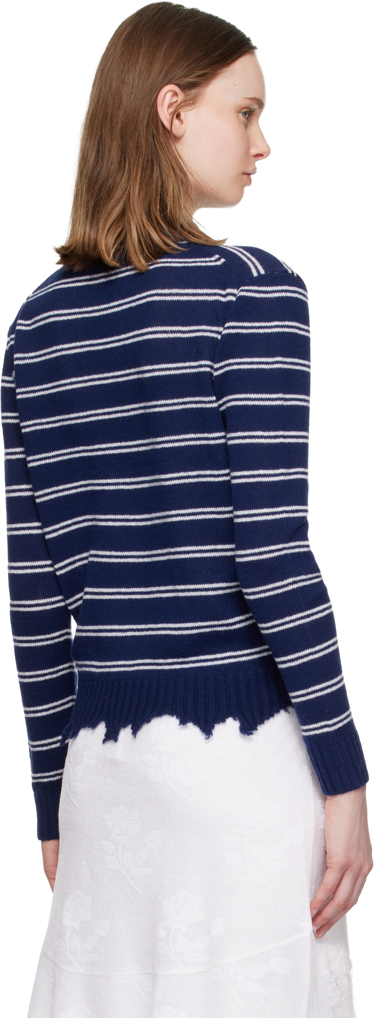 SHUSHU/TONG Navy & White Striped Long-Sleeve Knit Polo