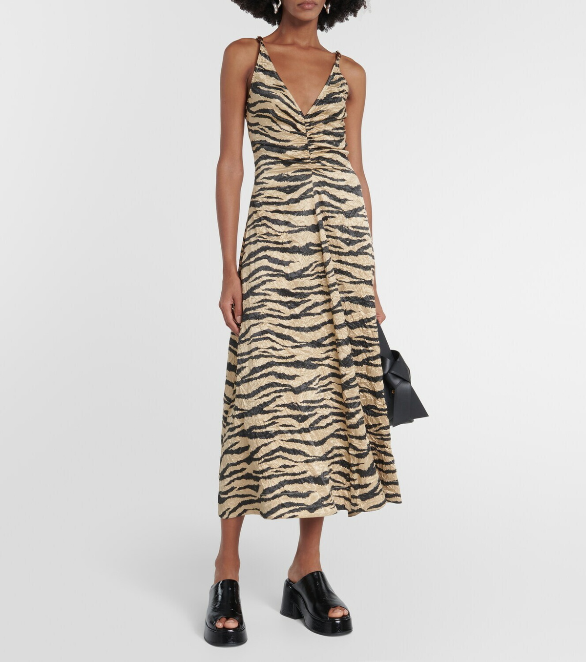 ganni heavy satin slip dress Ganni Heavy Satin Flower Print Slip Midi-dress In Heather