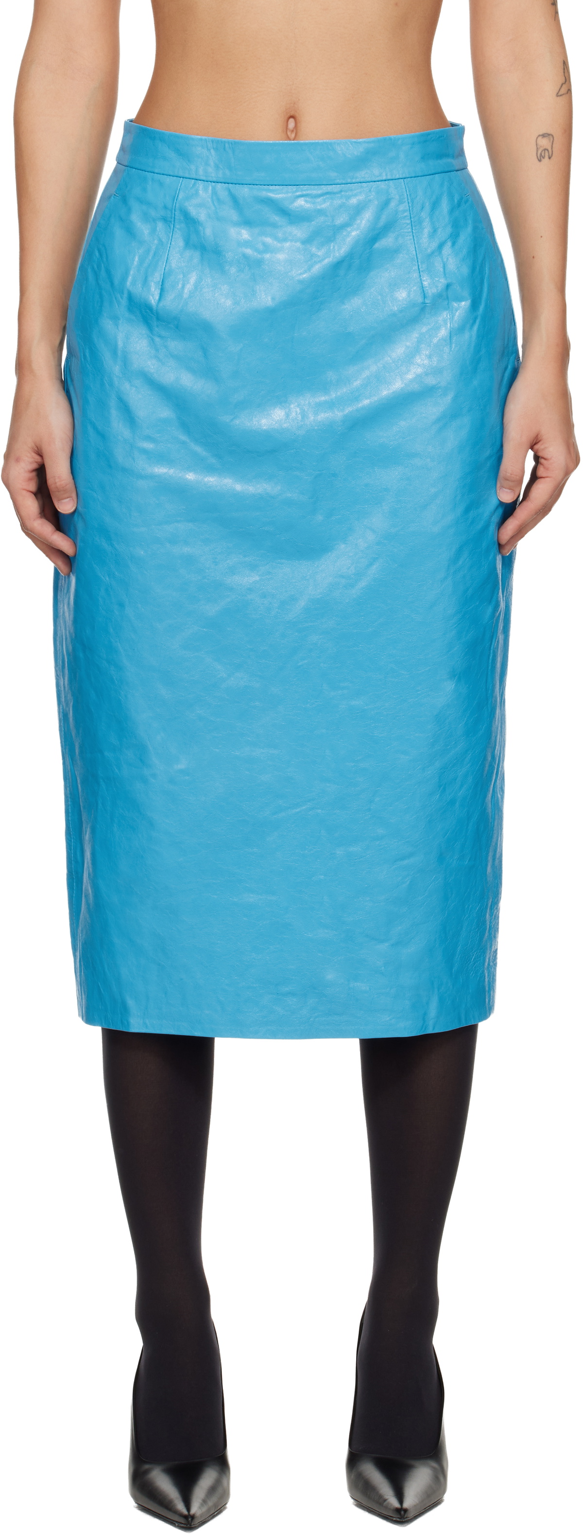 WILLY CHAVARRIA Blue Tubo Leather Midi Skirt