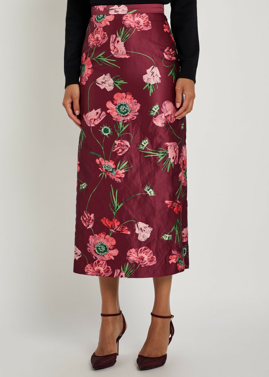 Erdem Floral-print Satin Midi Pencil Skirt Red