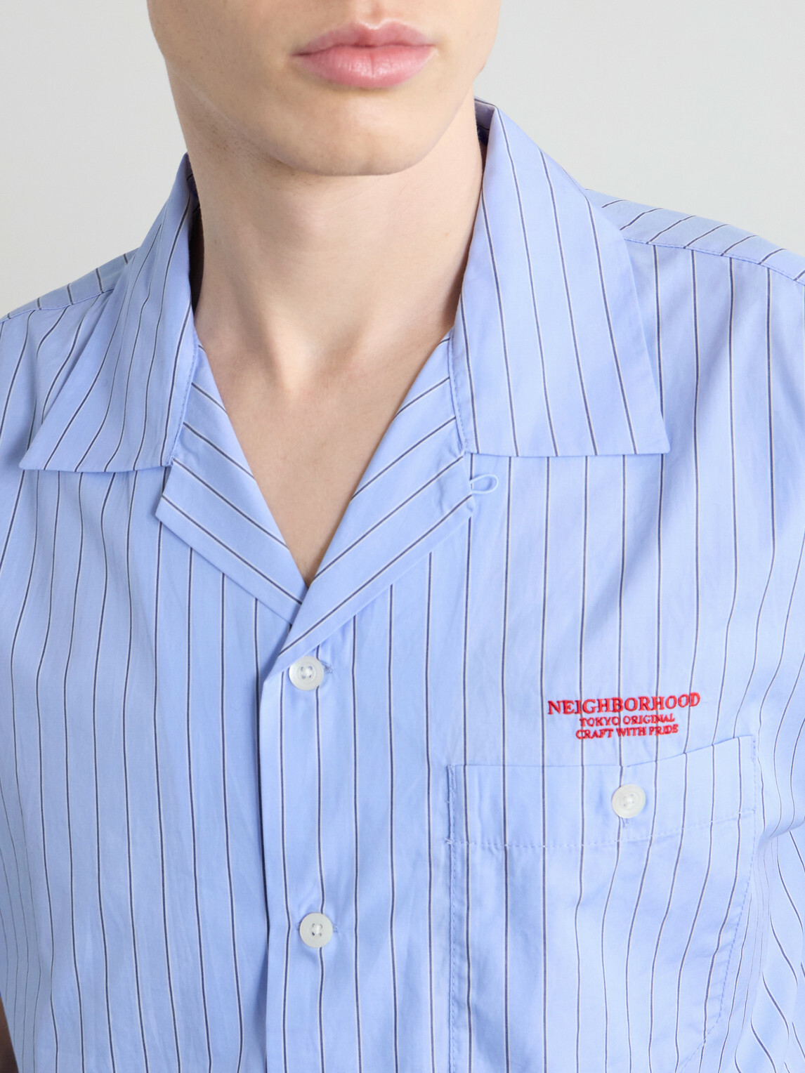 Neighborhood - Camp-Collar Logo-Embroidered Striped Cotton Shirt - Blue