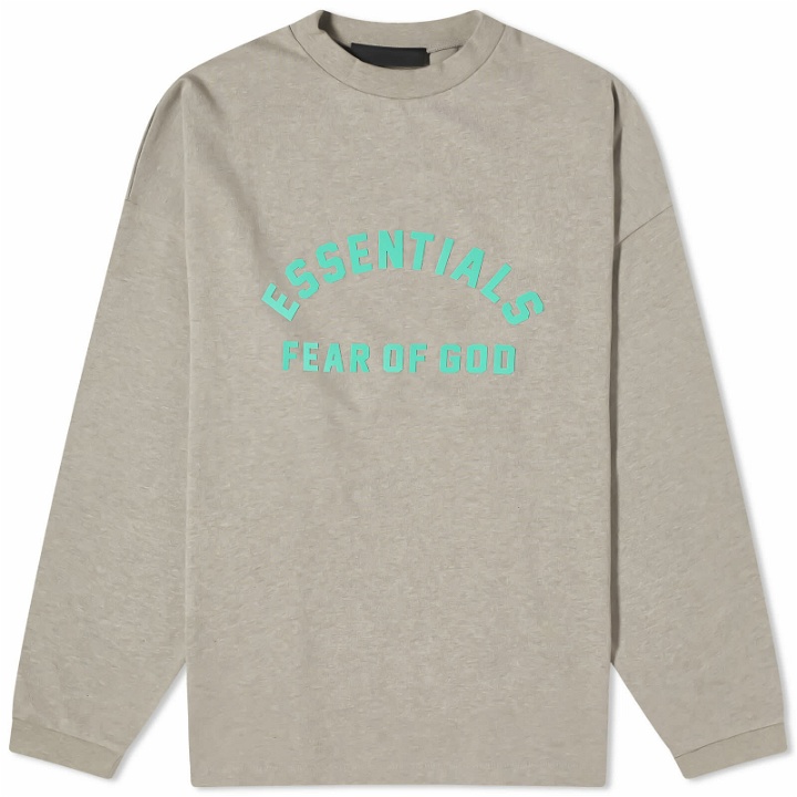 Photo: Fear of God ESSENTIALS Men's Spring Long Sleeve Printed T-Shirt in Dark Heather Oatmeal