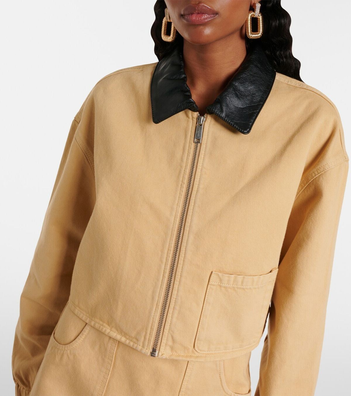 Self-Portrait Leather-trimmed denim jacket