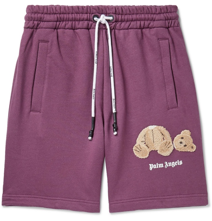 Photo: Palm Angels - Wide-Leg Appliquéd Loopback Cotton-Jersey Shorts - Purple
