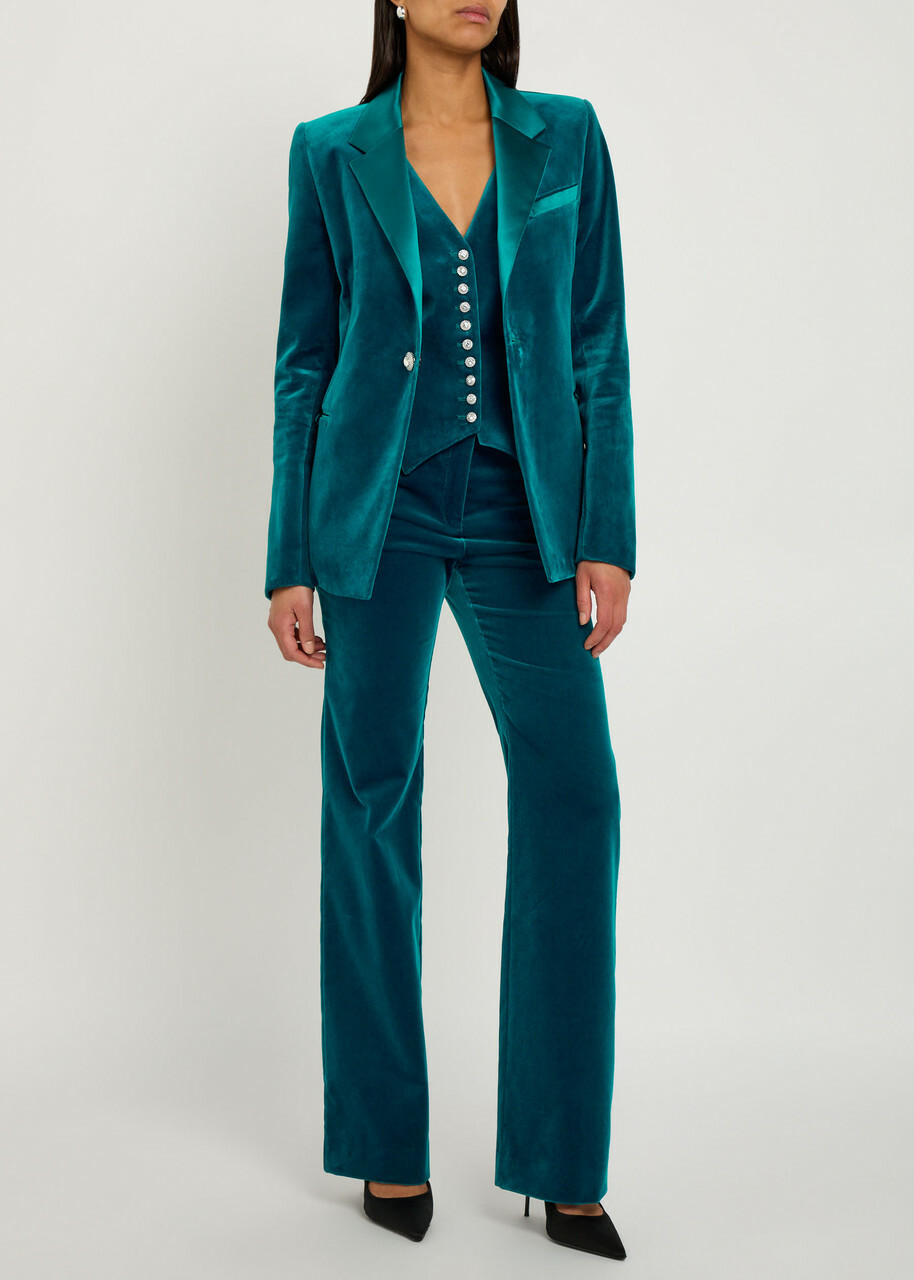 Rabanne Straight-leg Velvet Trousers Turquoise